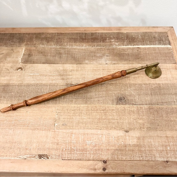 Brass Candle Snuffer with Wood Handle and Ornate Design 14 Inches Long Vintage - Picture 3 of 5